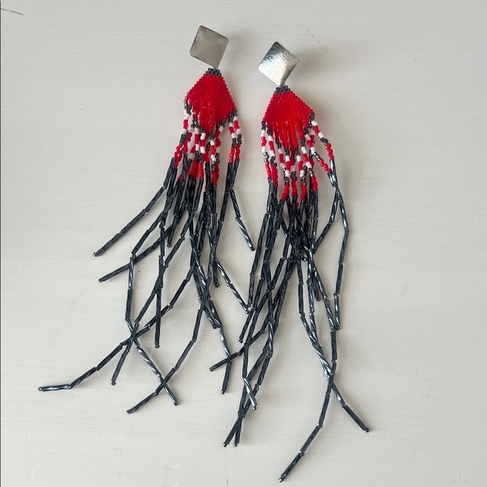 Chic Red and Black Beaded Dangle Earrings
